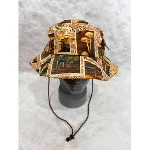 Dravus Mushroom Print Bucket Hat with Stash Pocket and Chin Strap Tan Multi